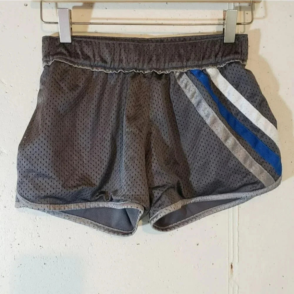 adidas Gray Mesh Athletic Shorts with Blue and White Stripes